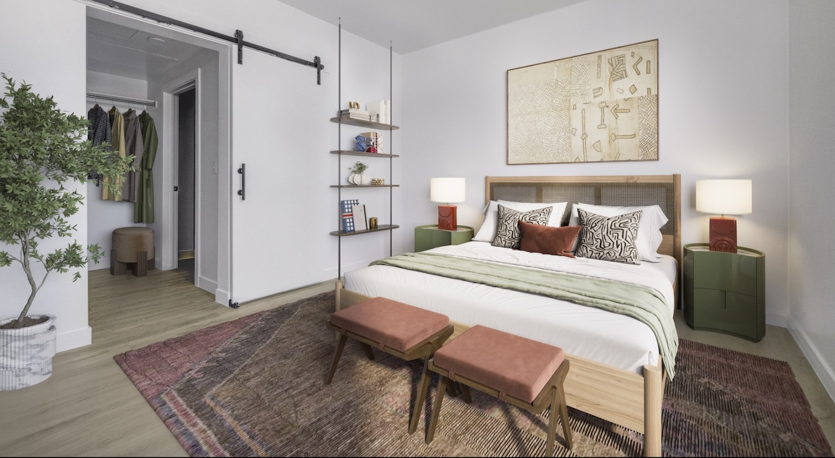 Beautiful bedrooms to fit every need a bedroom with a bed and a barn door