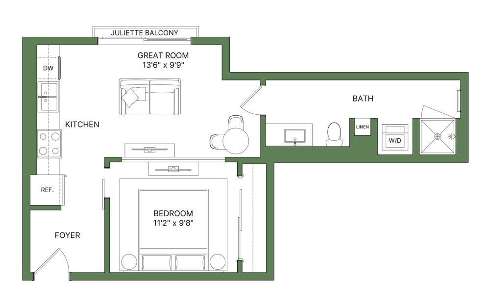 unit a4 - 1 bedroom floorplan layout with 1 bathroom and 543 square feet