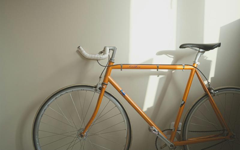 a bicycle parked in a room